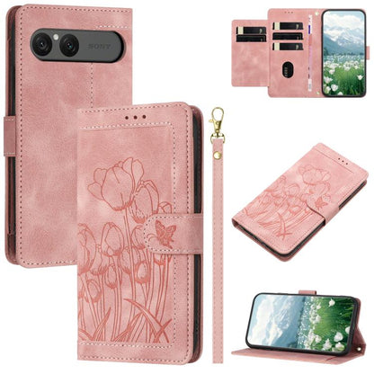 Tulips Embossed Leather Phone Case with Lanyard, For Sony Xperia 1 VIII, For Sony Xperia 10 VII, For Sony Xperia 10 VI, For Sony Xperia 1 VI, For Sony Xperia 10 V