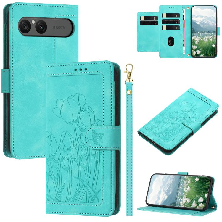 Tulips Embossed Leather Phone Case with Lanyard, For Sony Xperia 1 VIII, For Sony Xperia 10 VII, For Sony Xperia 10 VI, For Sony Xperia 1 VI, For Sony Xperia 10 V