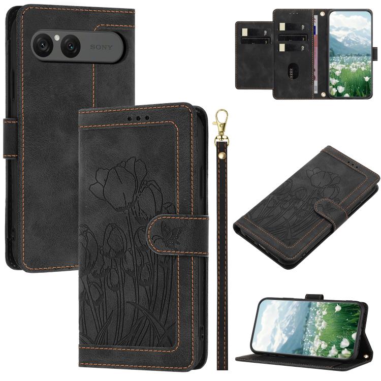 Tulips Embossed Leather Phone Case with Lanyard, For Sony Xperia 1 VIII, For Sony Xperia 10 VII, For Sony Xperia 10 VI, For Sony Xperia 1 VI, For Sony Xperia 10 V