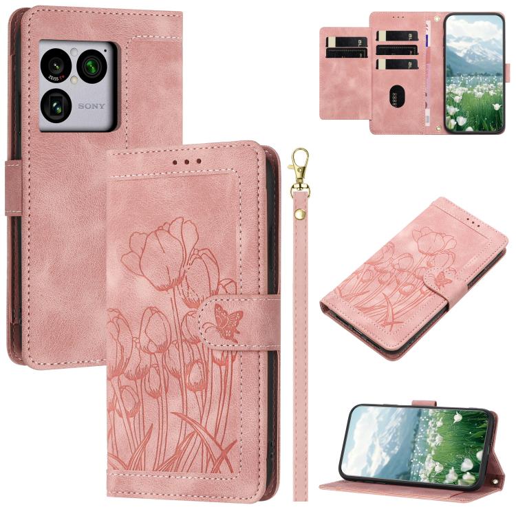 Tulips Embossed Leather Phone Case with Lanyard, For Sony Xperia 1 VIII, For Sony Xperia 10 VII, For Sony Xperia 10 VI, For Sony Xperia 1 VI, For Sony Xperia 10 V
