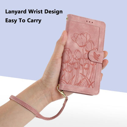 Tulips Embossed Leather Phone Case with Lanyard, For Sony Xperia 1 VIII, For Sony Xperia 10 VII, For Sony Xperia 10 VI, For Sony Xperia 1 VI, For Sony Xperia 10 V