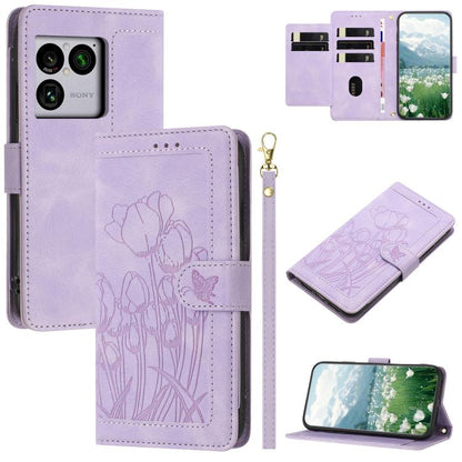 Tulips Embossed Leather Phone Case with Lanyard, For Sony Xperia 1 VIII, For Sony Xperia 10 VII, For Sony Xperia 10 VI, For Sony Xperia 1 VI, For Sony Xperia 10 V