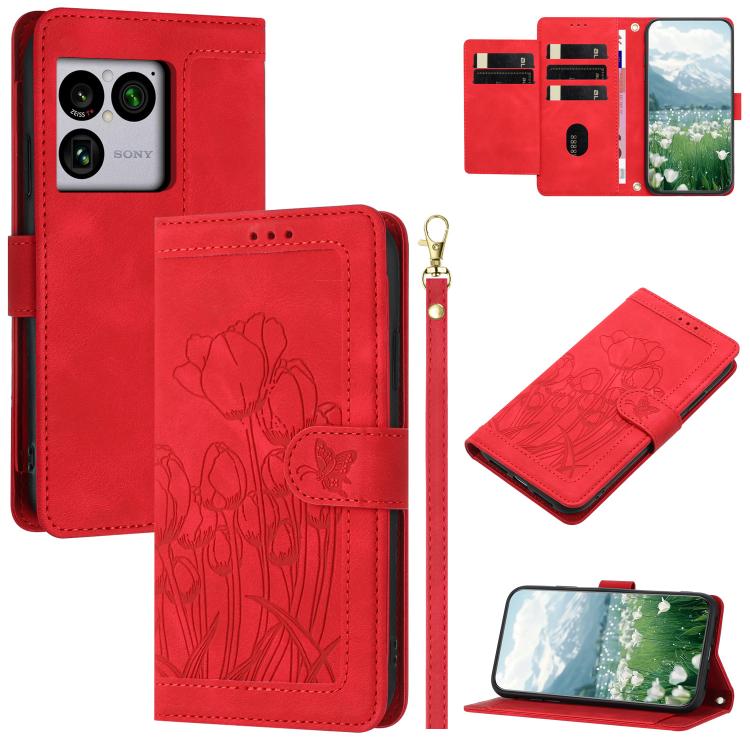 Tulips Embossed Leather Phone Case with Lanyard, For Sony Xperia 1 VIII, For Sony Xperia 10 VII, For Sony Xperia 10 VI, For Sony Xperia 1 VI, For Sony Xperia 10 V