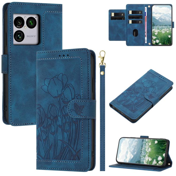 Tulips Embossed Leather Phone Case with Lanyard, For Sony Xperia 1 VIII, For Sony Xperia 10 VII, For Sony Xperia 10 VI, For Sony Xperia 1 VI, For Sony Xperia 10 V