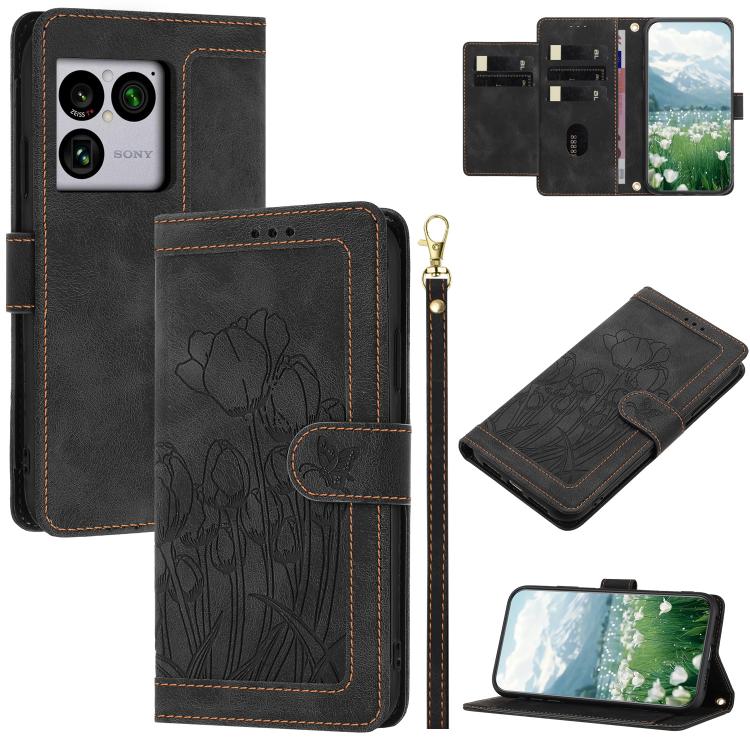 Tulips Embossed Leather Phone Case with Lanyard, For Sony Xperia 1 VIII, For Sony Xperia 10 VII, For Sony Xperia 10 VI, For Sony Xperia 1 VI, For Sony Xperia 10 V