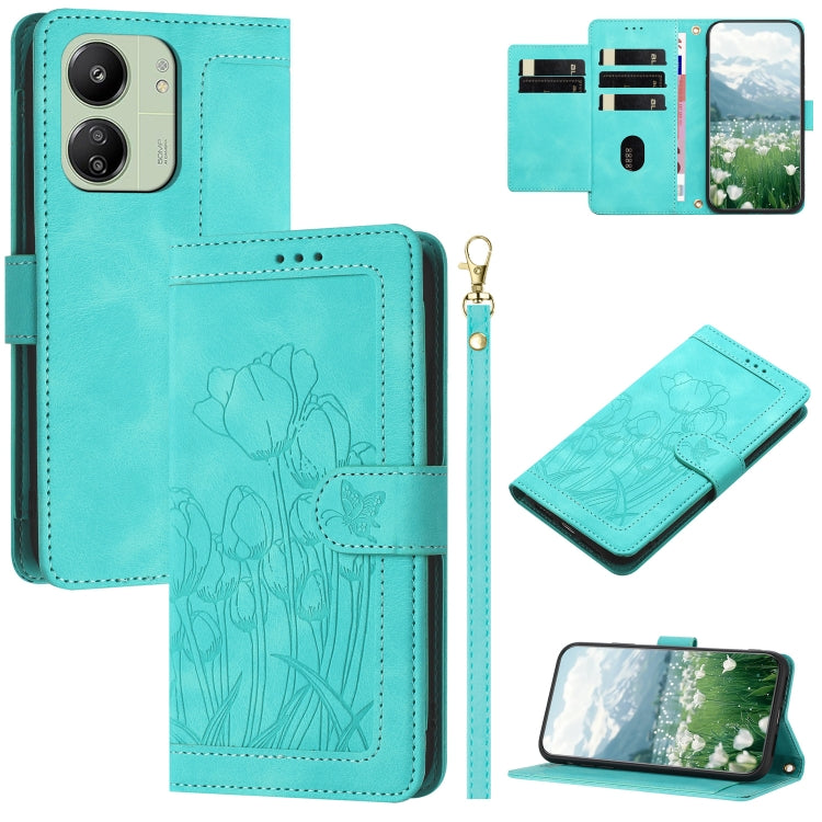 Tulips Embossed Leather Phone Case with Lanyard, For Redmi Note 17 4G Global 169.7mm, For Redmi 17C 5G, For Redmi 17 5G / 4G Global 170mm, For Redmi 17C 4G, For Redmi 15a 5G, For Redmi Note 15 Pro+ 5G Global 163.3mm, For Redmi Note 15 5G / 4G Global 16...