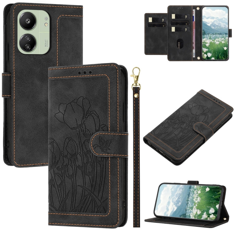 Tulips Embossed Leather Phone Case with Lanyard, For Redmi Note 17 4G Global 169.7mm, For Redmi 17C 5G, For Redmi 17 5G / 4G Global 170mm, For Redmi 17C 4G, For Redmi 15a 5G, For Redmi Note 15 Pro+ 5G Global 163.3mm, For Redmi Note 15 5G / 4G Global 16...