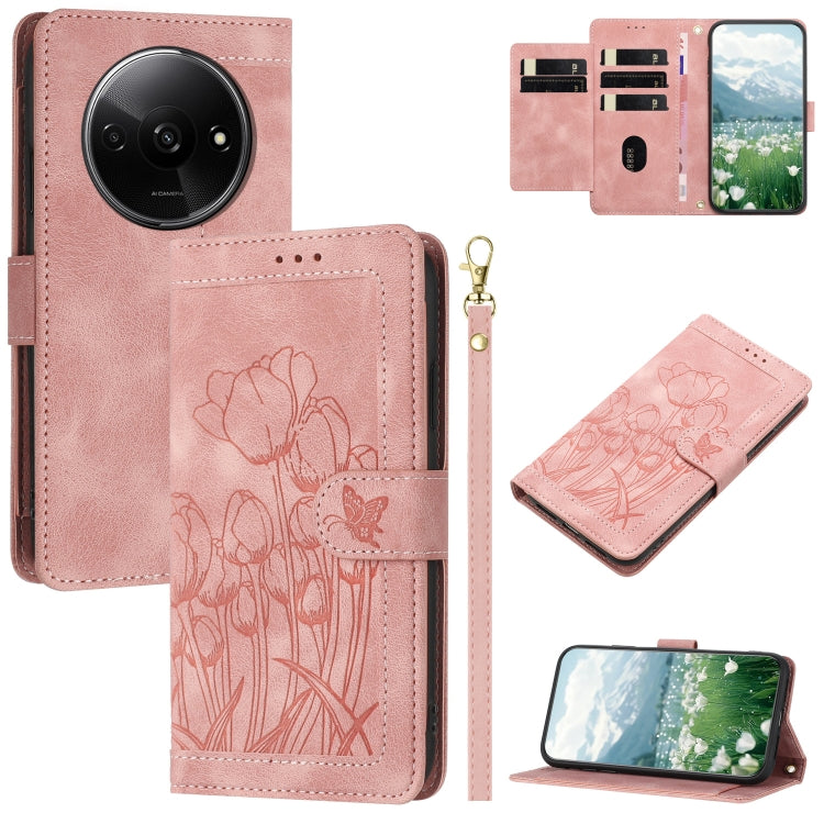 Tulips Embossed Leather Phone Case with Lanyard, For Redmi Note 17 4G Global 169.7mm, For Redmi 17C 5G, For Redmi 17 5G / 4G Global 170mm, For Redmi 17C 4G, For Redmi 15a 5G, For Redmi Note 15 Pro+ 5G Global 163.3mm, For Redmi Note 15 5G / 4G Global 16...