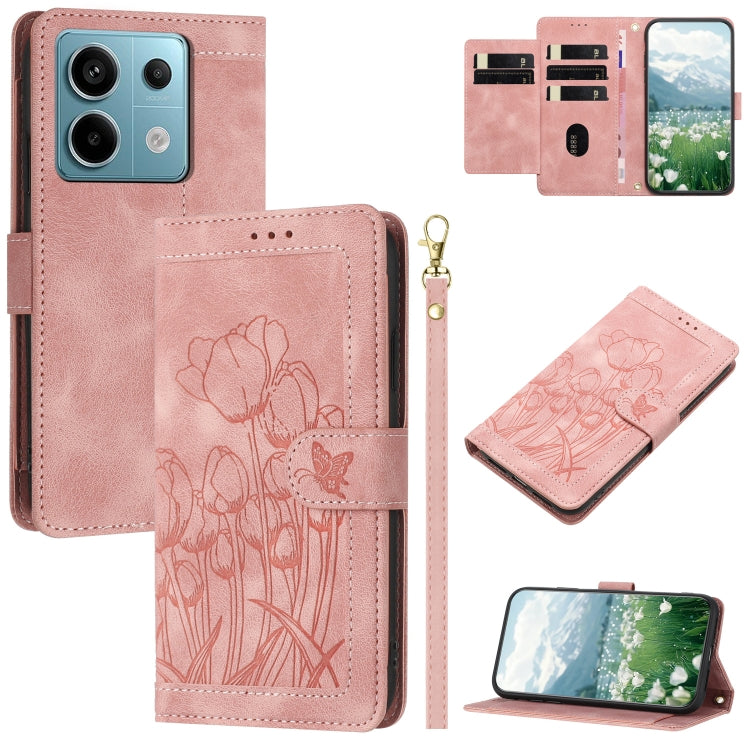 Tulips Embossed Leather Phone Case with Lanyard, For Redmi Note 17 4G Global 169.7mm, For Redmi 17C 5G, For Redmi 17 5G / 4G Global 170mm, For Redmi 17C 4G, For Redmi 15a 5G, For Redmi Note 15 Pro+ 5G Global 163.3mm, For Redmi Note 15 5G / 4G Global 16...