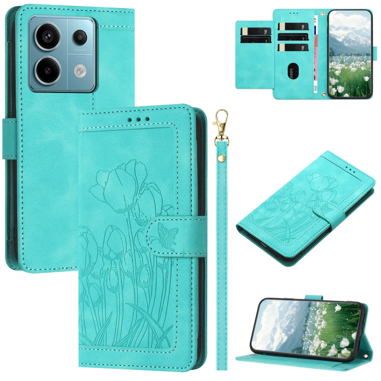 Tulips Embossed Leather Phone Case with Lanyard, For Redmi Note 17 4G Global 169.7mm, For Redmi 17C 5G, For Redmi 17 5G / 4G Global 170mm, For Redmi 17C 4G, For Redmi 15a 5G, For Redmi Note 15 Pro+ 5G Global 163.3mm, For Redmi Note 15 5G / 4G Global 16...