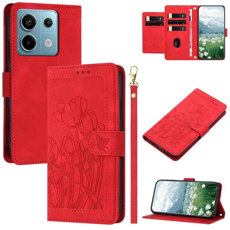 Tulips Embossed Leather Phone Case with Lanyard, For Redmi Note 17 4G Global 169.7mm, For Redmi 17C 5G, For Redmi 17 5G / 4G Global 170mm, For Redmi 17C 4G, For Redmi 15a 5G, For Redmi Note 15 Pro+ 5G Global 163.3mm, For Redmi Note 15 5G / 4G Global 16...