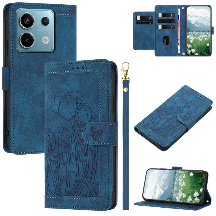 Tulips Embossed Leather Phone Case with Lanyard, For Redmi Note 17 4G Global 169.7mm, For Redmi 17C 5G, For Redmi 17 5G / 4G Global 170mm, For Redmi 17C 4G, For Redmi 15a 5G, For Redmi Note 15 Pro+ 5G Global 163.3mm, For Redmi Note 15 5G / 4G Global 16...