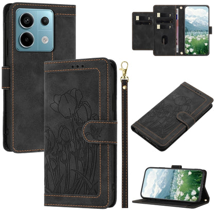 Tulips Embossed Leather Phone Case with Lanyard, For Redmi Note 17 4G Global 169.7mm, For Redmi 17C 5G, For Redmi 17 5G / 4G Global 170mm, For Redmi 17C 4G, For Redmi 15a 5G, For Redmi Note 15 Pro+ 5G Global 163.3mm, For Redmi Note 15 5G / 4G Global 16...