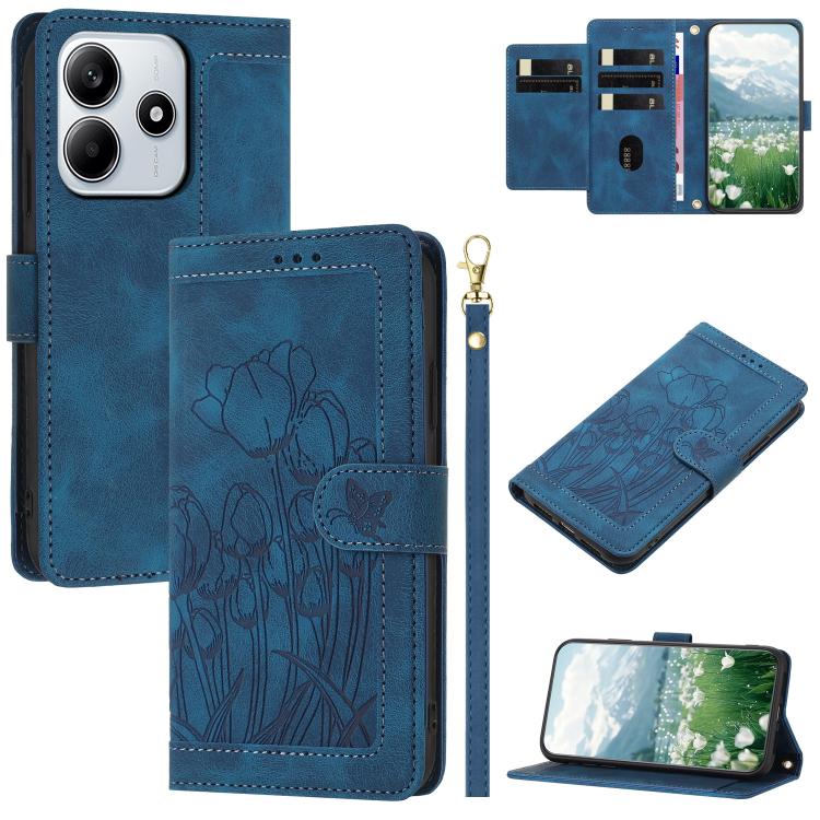 Tulips Embossed Leather Phone Case with Lanyard, For Redmi Note 17 4G Global 169.7mm, For Redmi 17C 5G, For Redmi 17 5G / 4G Global 170mm, For Redmi 17C 4G, For Redmi 15a 5G, For Redmi Note 15 Pro+ 5G Global 163.3mm, For Redmi Note 15 5G / 4G Global 16...