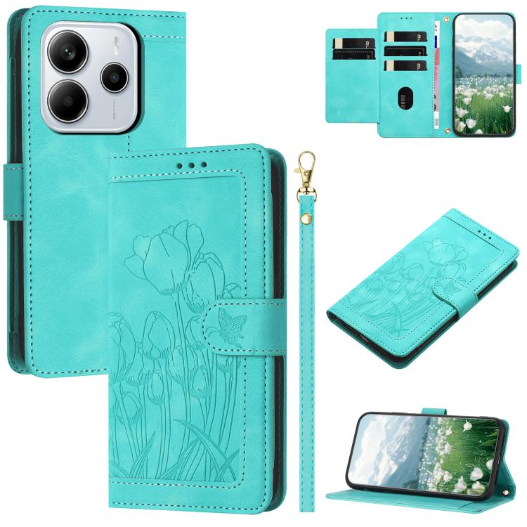 Tulips Embossed Leather Phone Case with Lanyard, For Redmi Note 17 4G Global 169.7mm, For Redmi 17C 5G, For Redmi 17 5G / 4G Global 170mm, For Redmi 17C 4G, For Redmi 15a 5G, For Redmi Note 15 Pro+ 5G Global 163.3mm, For Redmi Note 15 5G / 4G Global 16...