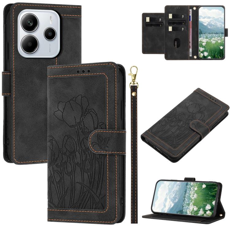 Tulips Embossed Leather Phone Case with Lanyard, For Redmi Note 17 4G Global 169.7mm, For Redmi 17C 5G, For Redmi 17 5G / 4G Global 170mm, For Redmi 17C 4G, For Redmi 15a 5G, For Redmi Note 15 Pro+ 5G Global 163.3mm, For Redmi Note 15 5G / 4G Global 16...