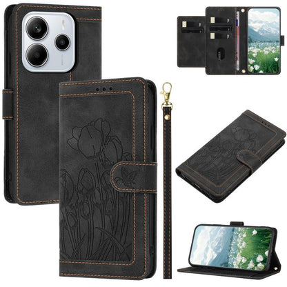 Tulips Embossed Leather Phone Case with Lanyard, For Redmi Note 17 4G Global 169.7mm, For Redmi 17C 5G, For Redmi 17 5G / 4G Global 170mm, For Redmi 17C 4G, For Redmi 15a 5G, For Redmi Note 15 Pro+ 5G Global 163.3mm, For Redmi Note 15 5G / 4G Global 16...