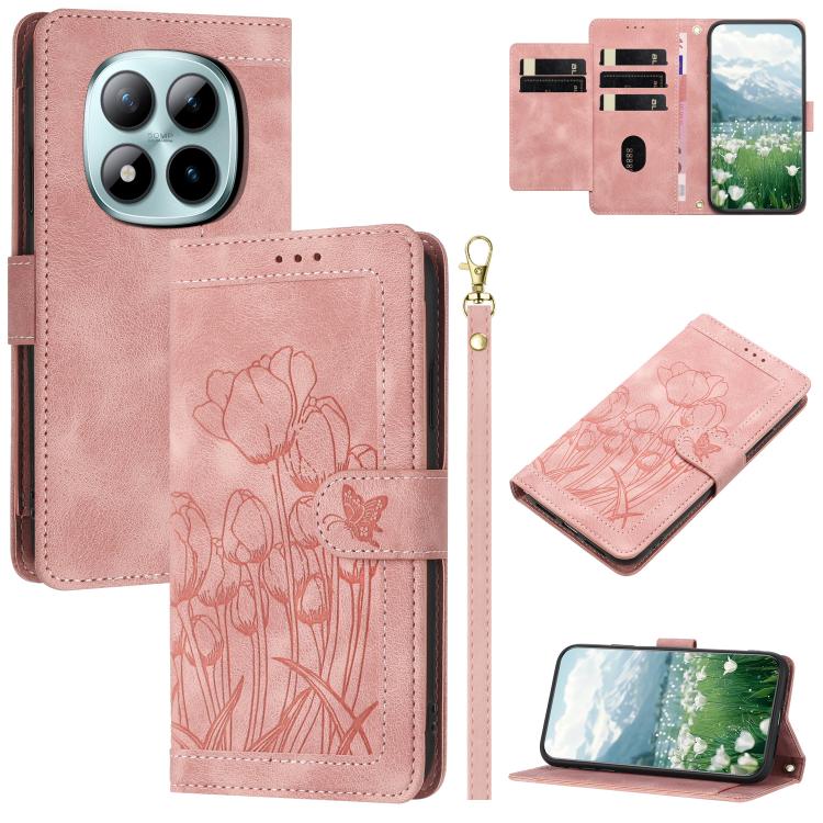 Tulips Embossed Leather Phone Case with Lanyard, For Redmi Note 17 4G Global 169.7mm, For Redmi 17C 5G, For Redmi 17 5G / 4G Global 170mm, For Redmi 17C 4G, For Redmi 15a 5G, For Redmi Note 15 Pro+ 5G Global 163.3mm, For Redmi Note 15 5G / 4G Global 16...