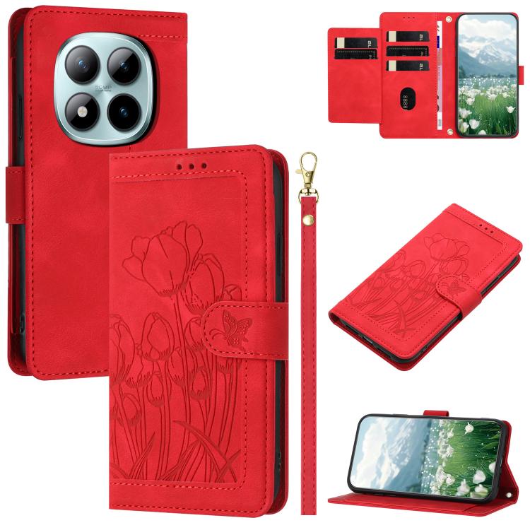 Tulips Embossed Leather Phone Case with Lanyard, For Redmi Note 17 4G Global 169.7mm, For Redmi 17C 5G, For Redmi 17 5G / 4G Global 170mm, For Redmi 17C 4G, For Redmi 15a 5G, For Redmi Note 15 Pro+ 5G Global 163.3mm, For Redmi Note 15 5G / 4G Global 16...