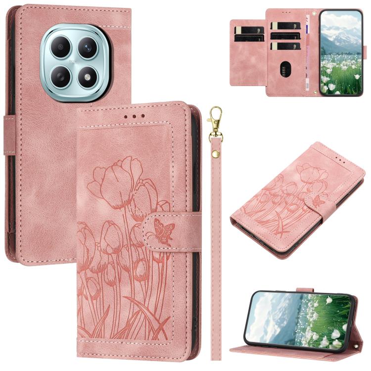 Tulips Embossed Leather Phone Case with Lanyard, For Redmi Note 17 4G Global 169.7mm, For Redmi 17C 5G, For Redmi 17 5G / 4G Global 170mm, For Redmi 17C 4G, For Redmi 15a 5G, For Redmi Note 15 Pro+ 5G Global 163.3mm, For Redmi Note 15 5G / 4G Global 16...