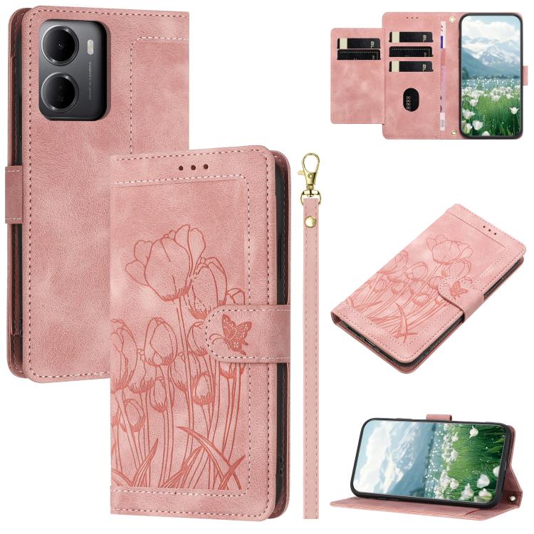Tulips Embossed Leather Phone Case with Lanyard, For Redmi Note 17 4G Global 169.7mm, For Redmi 17C 5G, For Redmi 17 5G / 4G Global 170mm, For Redmi 17C 4G, For Redmi 15a 5G, For Redmi Note 15 Pro+ 5G Global 163.3mm, For Redmi Note 15 5G / 4G Global 16...