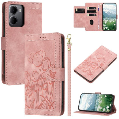 Tulips Embossed Leather Phone Case with Lanyard, For Redmi Note 17 4G Global 169.7mm, For Redmi 17C 5G, For Redmi 17 5G / 4G Global 170mm, For Redmi 17C 4G, For Redmi 15a 5G, For Redmi Note 15 Pro+ 5G Global 163.3mm, For Redmi Note 15 5G / 4G Global 16...