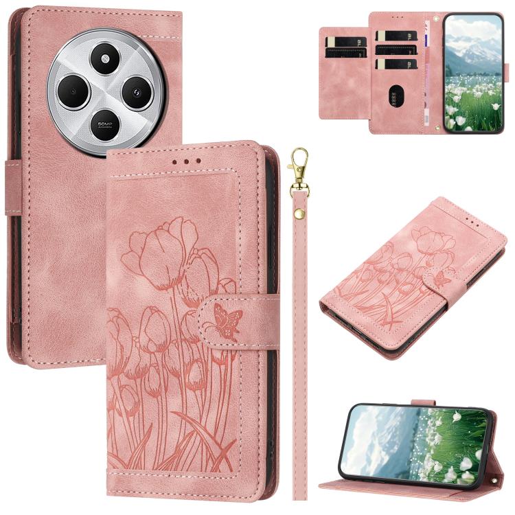 Tulips Embossed Leather Phone Case with Lanyard, For Redmi Note 17 4G Global 169.7mm, For Redmi 17C 5G, For Redmi 17 5G / 4G Global 170mm, For Redmi 17C 4G, For Redmi 15a 5G, For Redmi Note 15 Pro+ 5G Global 163.3mm, For Redmi Note 15 5G / 4G Global 16...
