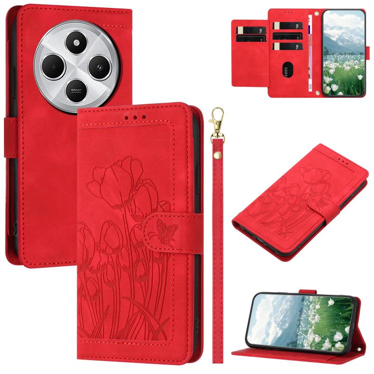 Tulips Embossed Leather Phone Case with Lanyard, For Redmi Note 17 4G Global 169.7mm, For Redmi 17C 5G, For Redmi 17 5G / 4G Global 170mm, For Redmi 17C 4G, For Redmi 15a 5G, For Redmi Note 15 Pro+ 5G Global 163.3mm, For Redmi Note 15 5G / 4G Global 16...