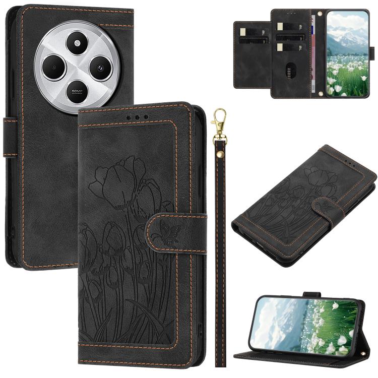 Tulips Embossed Leather Phone Case with Lanyard, For Redmi Note 17 4G Global 169.7mm, For Redmi 17C 5G, For Redmi 17 5G / 4G Global 170mm, For Redmi 17C 4G, For Redmi 15a 5G, For Redmi Note 15 Pro+ 5G Global 163.3mm, For Redmi Note 15 5G / 4G Global 16...