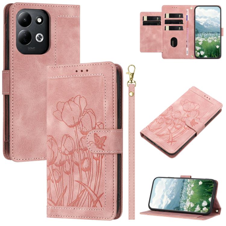 Tulips Embossed Leather Phone Case with Lanyard, For Redmi Note 17 4G Global 169.7mm, For Redmi 17C 5G, For Redmi 17 5G / 4G Global 170mm, For Redmi 17C 4G, For Redmi 15a 5G, For Redmi Note 15 Pro+ 5G Global 163.3mm, For Redmi Note 15 5G / 4G Global 16...