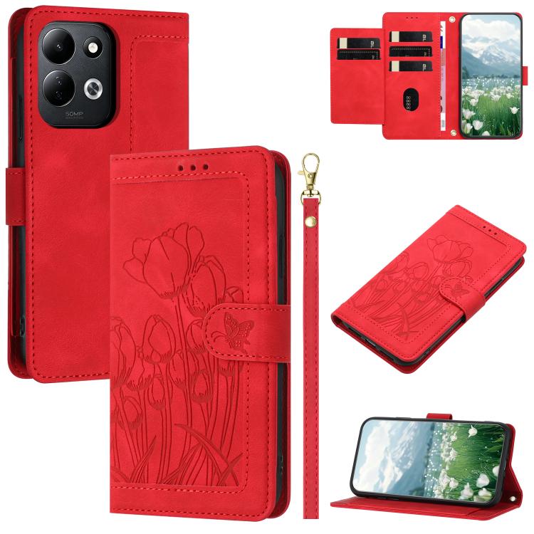 Tulips Embossed Leather Phone Case with Lanyard, For Redmi Note 17 4G Global 169.7mm, For Redmi 17C 5G, For Redmi 17 5G / 4G Global 170mm, For Redmi 17C 4G, For Redmi 15a 5G, For Redmi Note 15 Pro+ 5G Global 163.3mm, For Redmi Note 15 5G / 4G Global 16...