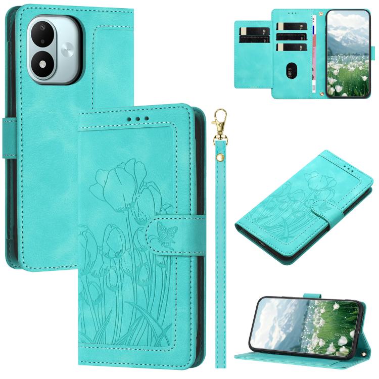 Tulips Embossed Leather Phone Case with Lanyard, For Redmi Note 17 4G Global 169.7mm, For Redmi 17C 5G, For Redmi 17 5G / 4G Global 170mm, For Redmi 17C 4G, For Redmi 15a 5G, For Redmi Note 15 Pro+ 5G Global 163.3mm, For Redmi Note 15 5G / 4G Global 16...