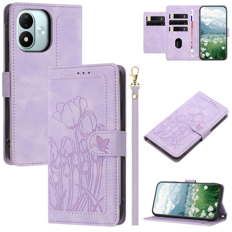 Tulips Embossed Leather Phone Case with Lanyard, For Redmi Note 17 4G Global 169.7mm, For Redmi 17C 5G, For Redmi 17 5G / 4G Global 170mm, For Redmi 17C 4G, For Redmi 15a 5G, For Redmi Note 15 Pro+ 5G Global 163.3mm, For Redmi Note 15 5G / 4G Global 16...