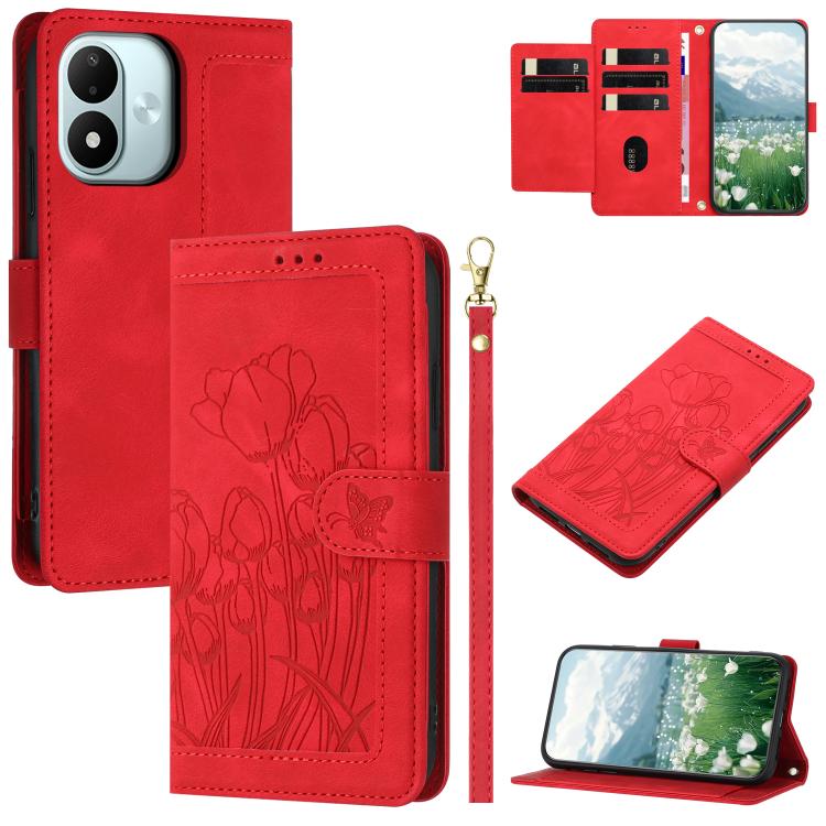 Tulips Embossed Leather Phone Case with Lanyard, For Redmi Note 17 4G Global 169.7mm, For Redmi 17C 5G, For Redmi 17 5G / 4G Global 170mm, For Redmi 17C 4G, For Redmi 15a 5G, For Redmi Note 15 Pro+ 5G Global 163.3mm, For Redmi Note 15 5G / 4G Global 16...