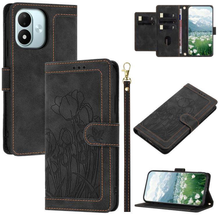 Tulips Embossed Leather Phone Case with Lanyard, For Redmi Note 17 4G Global 169.7mm, For Redmi 17C 5G, For Redmi 17 5G / 4G Global 170mm, For Redmi 17C 4G, For Redmi 15a 5G, For Redmi Note 15 Pro+ 5G Global 163.3mm, For Redmi Note 15 5G / 4G Global 16...