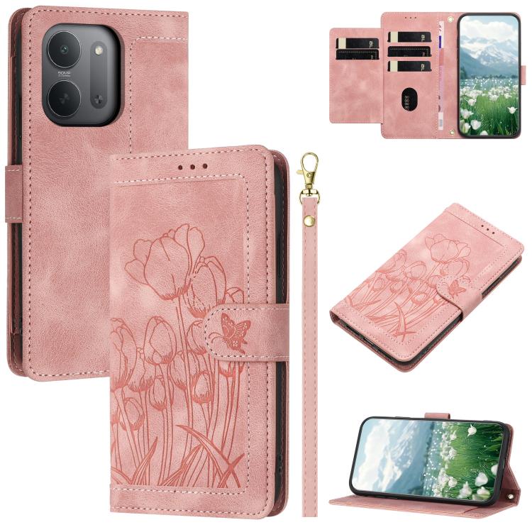 Tulips Embossed Leather Phone Case with Lanyard, For Redmi Note 17 4G Global 169.7mm, For Redmi 17C 5G, For Redmi 17 5G / 4G Global 170mm, For Redmi 17C 4G, For Redmi 15a 5G, For Redmi Note 15 Pro+ 5G Global 163.3mm, For Redmi Note 15 5G / 4G Global 16...