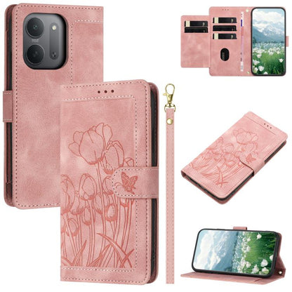 Tulips Embossed Leather Phone Case with Lanyard, For Redmi Note 17 4G Global 169.7mm, For Redmi 17C 5G, For Redmi 17 5G / 4G Global 170mm, For Redmi 17C 4G, For Redmi 15a 5G, For Redmi Note 15 Pro+ 5G Global 163.3mm, For Redmi Note 15 5G / 4G Global 16...