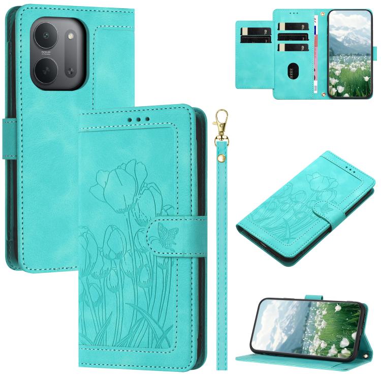 Tulips Embossed Leather Phone Case with Lanyard, For Redmi Note 17 4G Global 169.7mm, For Redmi 17C 5G, For Redmi 17 5G / 4G Global 170mm, For Redmi 17C 4G, For Redmi 15a 5G, For Redmi Note 15 Pro+ 5G Global 163.3mm, For Redmi Note 15 5G / 4G Global 16...