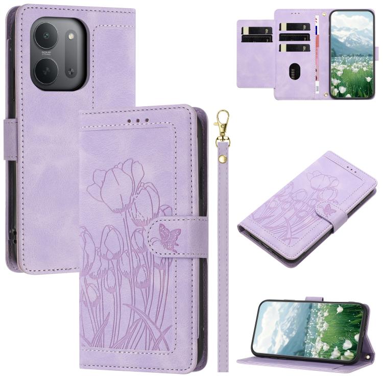 Tulips Embossed Leather Phone Case with Lanyard, For Redmi Note 17 4G Global 169.7mm, For Redmi 17C 5G, For Redmi 17 5G / 4G Global 170mm, For Redmi 17C 4G, For Redmi 15a 5G, For Redmi Note 15 Pro+ 5G Global 163.3mm, For Redmi Note 15 5G / 4G Global 16...