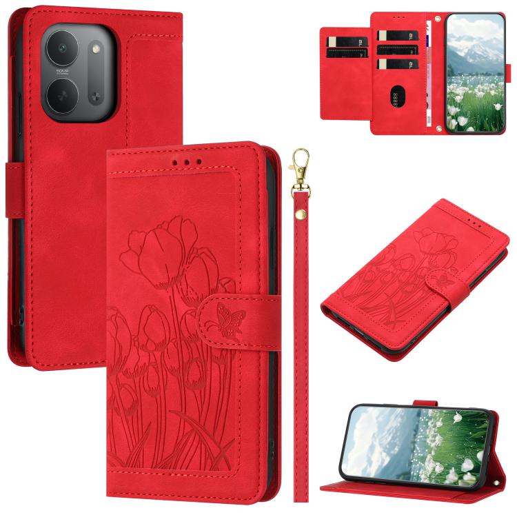 Tulips Embossed Leather Phone Case with Lanyard, For Redmi Note 17 4G Global 169.7mm, For Redmi 17C 5G, For Redmi 17 5G / 4G Global 170mm, For Redmi 17C 4G, For Redmi 15a 5G, For Redmi Note 15 Pro+ 5G Global 163.3mm, For Redmi Note 15 5G / 4G Global 16...