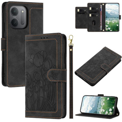 Tulips Embossed Leather Phone Case with Lanyard, For Redmi Note 17 4G Global 169.7mm, For Redmi 17C 5G, For Redmi 17 5G / 4G Global 170mm, For Redmi 17C 4G, For Redmi 15a 5G, For Redmi Note 15 Pro+ 5G Global 163.3mm, For Redmi Note 15 5G / 4G Global 16...