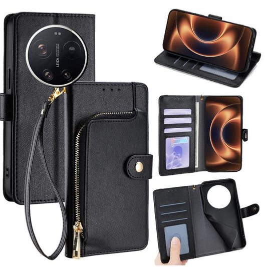 Black leather zipper phone wallet case with wrist strap, card slots, and magnetic flap