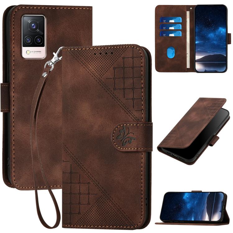 Grid Butterfly Embossed Pattern Leather Phone Case with Lanyard, For vivo S9