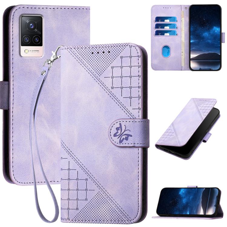 Grid Butterfly Embossed Pattern Leather Phone Case with Lanyard, For vivo S9