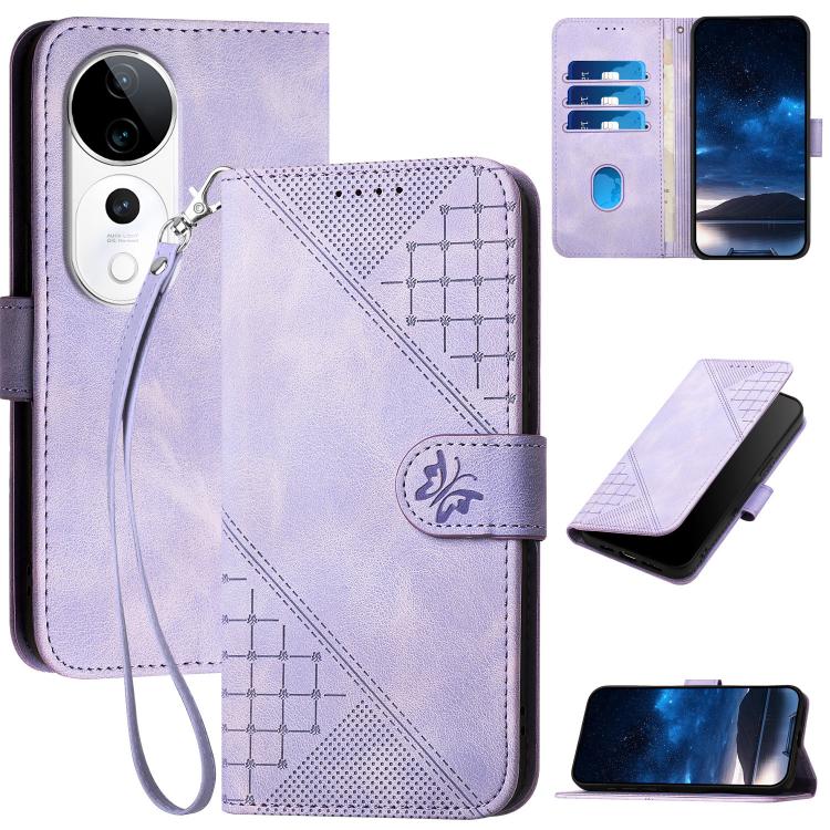Grid Butterfly Embossed Pattern Leather Phone Case with Lanyard, For vivo V50 Lite 4G / 5G, For vivo Y39 5G, For vivo Y29s 5G / Y04 4G Global, For vivo Y29 4G, For vivo V50, For vivo Y300 / V40 Lite 4G / 5G IDN, For vivo X200 Pro, For vivo S19 Pro     ...