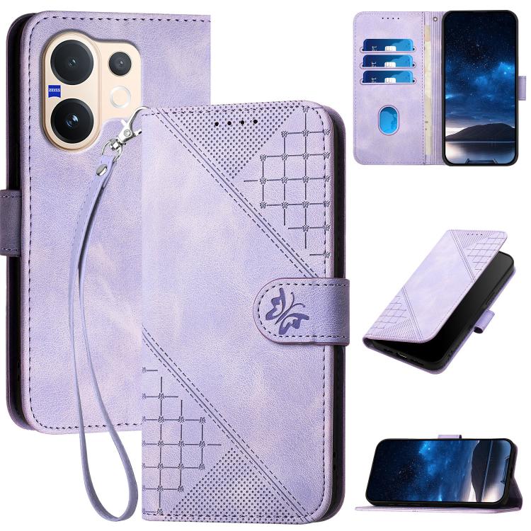 Grid Butterfly Embossed Pattern Leather Phone Case with Lanyard, For vivo Y37t 5G / Y50e / Y50s 5G, For vivo Y21 5G 2026 / Y05 4G, For vivo V70 FE 5G, For vivo Y31d 4G, For vivo V70 5G, For vivo Y500 Pro 5G, For vivo Y31 5G 2025, For vivo V60 Lite 5G  ...