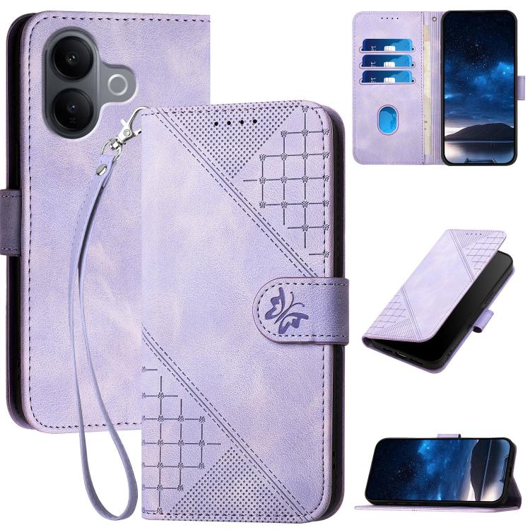 Grid Butterfly Embossed Pattern Leather Phone Case with Lanyard, For vivo Y37t 5G / Y50e / Y50s 5G, For vivo Y21 5G 2026 / Y05 4G, For vivo V70 FE 5G, For vivo Y31d 4G, For vivo V70 5G, For vivo Y500 Pro 5G, For vivo Y31 5G 2025, For vivo V60 Lite 5G  ...