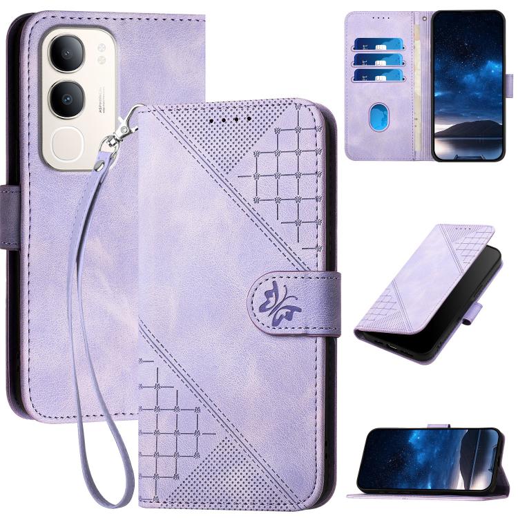 Grid Butterfly Embossed Pattern Leather Phone Case with Lanyard, For vivo Y37t 5G / Y50e / Y50s 5G, For vivo Y21 5G 2026 / Y05 4G, For vivo V70 FE 5G, For vivo Y31d 4G, For vivo V70 5G, For vivo Y500 Pro 5G, For vivo Y31 5G 2025, For vivo V60 Lite 5G  ...