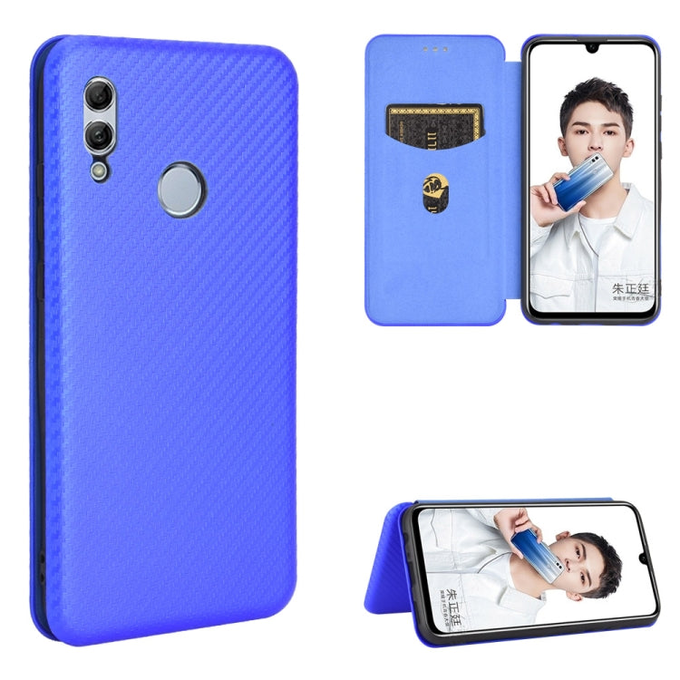 Blue magnetic flip phone case with carbon fiber back, card slot, and viewing window