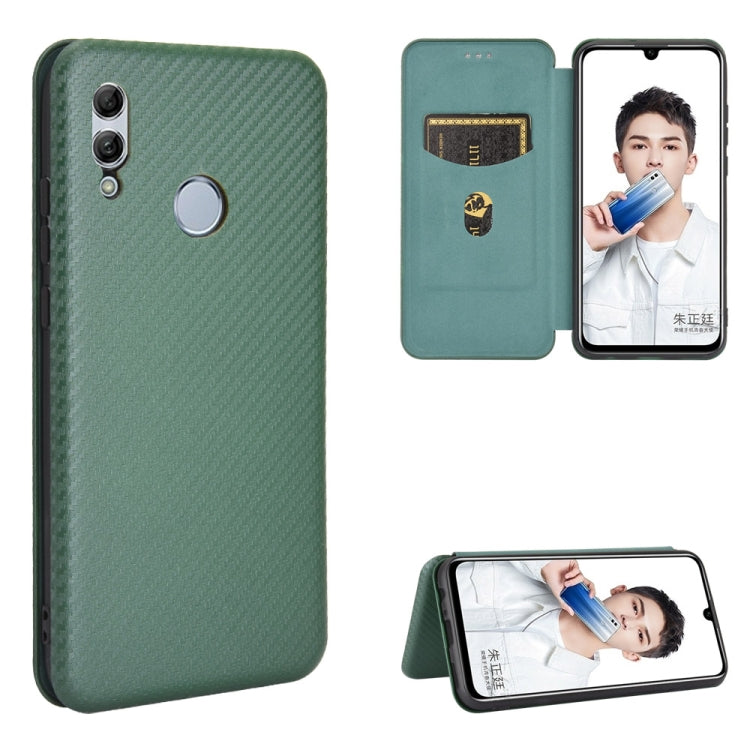 Green magnetic flip phone case with carbon fiber back, card slot, and kickstand